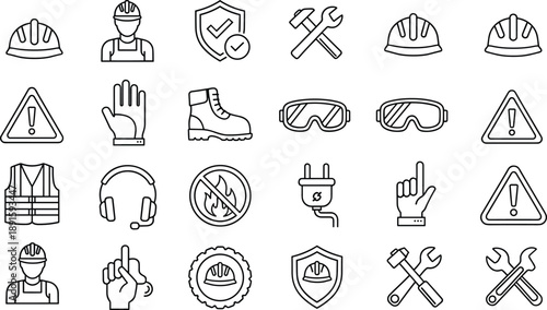 Set of 25 workplace safety and construction icons—helmets, tools, warning signs—ideal for safety signage, training visuals, and occupational hazard design assets