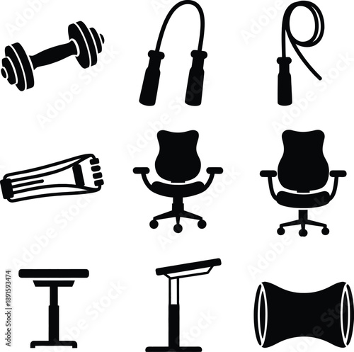 Set of black silhouettes for home gym and office wellness featuring dumbbell jumping ropes resistance bands office chairs and standing desks.