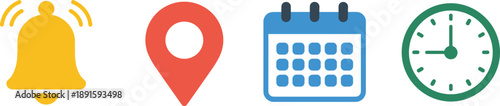 Set of four colorful icons—notification bell, location pin, calendar, and clock—ideal for UI design, app interface, scheduling, and time management visuals