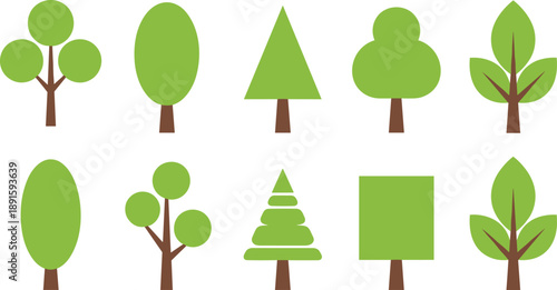 Set of ten stylized tree icons with varied canopy shapes—ideal for nature graphics, landscape design, eco visuals, and educational illustration assets
