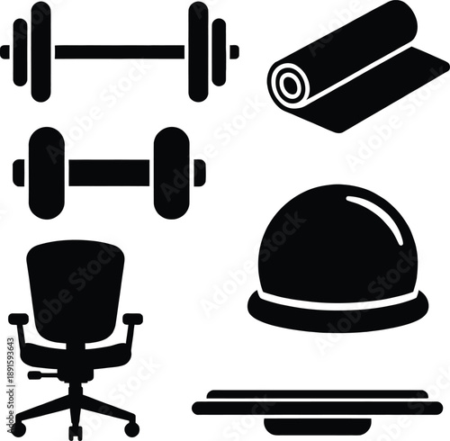 Black silhouettes of home fitness equipment icons including barbell dumbbell yoga mat office chair stability ball and balance board on white background.