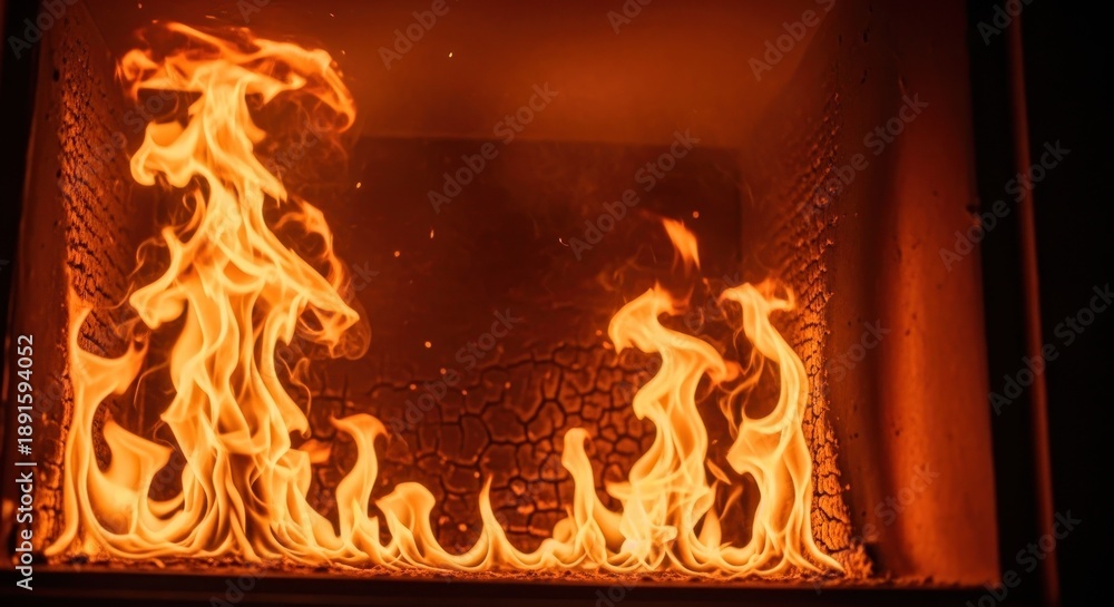 Fototapeta premium Intense flames dance within a dark, rectangular space, illuminating textured walls