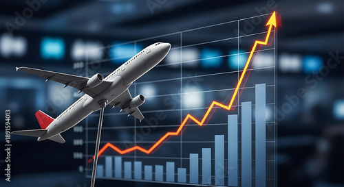Airplane Soars Upwards Indicating Aviation Industry Growth Trends in Business Graph