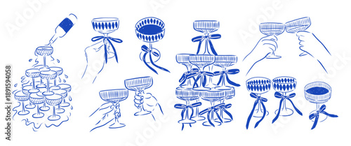 Hand-drawn champagne coupe glasses illustrations.Features stacked glasses, champagne tower, clinking glasses, hands holding coupes, ribbon-decorated glasses, and celebratory drink elements.