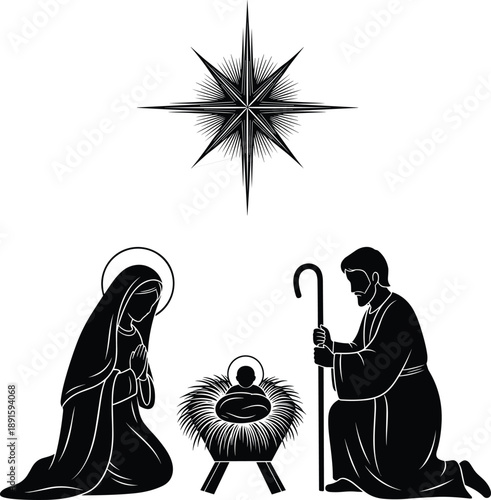 Nativity silhouette with Mary, Joseph, baby Jesus, Bethlehem star, holy family in prayer, religious Christmas scene illustration, sacred art, flat vector