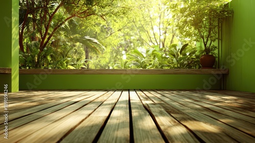 Calm outdoor space featuring wooden planks, a green living wall, and tropical garden in the distance