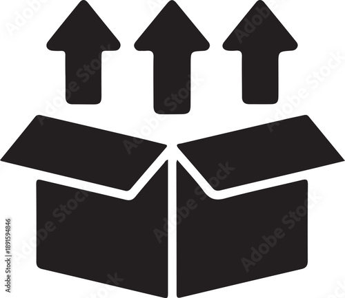 Open box with up arrows icon, Minimal black and white icon of an open cardboard box with upward arrows, symbolizing shipping orientation, handling, and logistics instructions.

