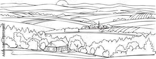 Create Rural landscape continuous one line vector drawing. Lake house in the woods hand drawn silhouette. Country nature panoramic sketch. Village minimalistic contour illustration