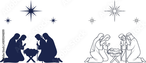 Nativity scene with Mary, Joseph, baby Jesus, Bethlehem star, prayerful figures, silhouette and line art Christmas design, religious illustration, flat vector