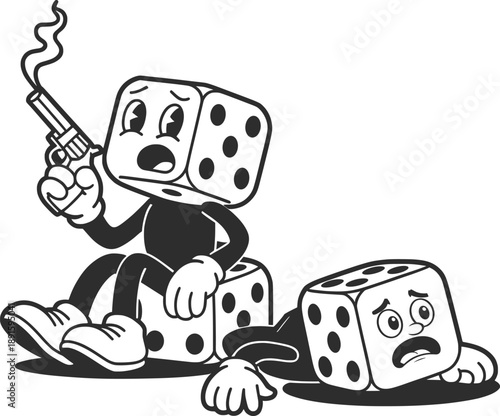 Vintage Smoking Dice Cartoon Gambling Illustration. Retro Gambling Mascot Characters.