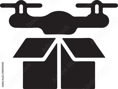 Delivery drone transporting package icon, Minimal black icon showing a delivery drone carrying a package, symbolizing modern logistics, automated shipping, and aerial parcel delivery.

