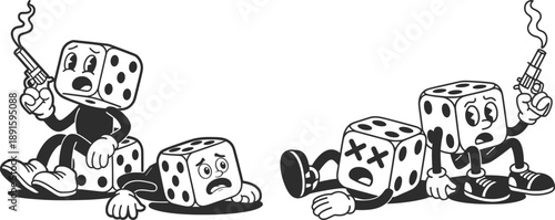 Vintage Smoking Dice Cartoon Gambling Illustration. Retro Gambling Mascot Characters.