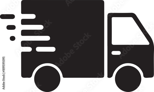 Fast delivery truck icon symbol, Black delivery truck icon with motion lines symbolizing fast shipping, logistics, transport, and express courier services, isolated on white background.

