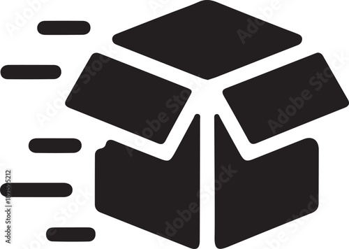 Fast Shipping Open Box Delivery Icon, Black open cardboard box icon with motion lines symbolizing fast shipping, express delivery, logistics speed, and efficient ecommerce fulfillment.


