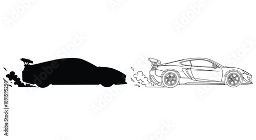 Sports car illustration showing a silhouette and detailed line drawing