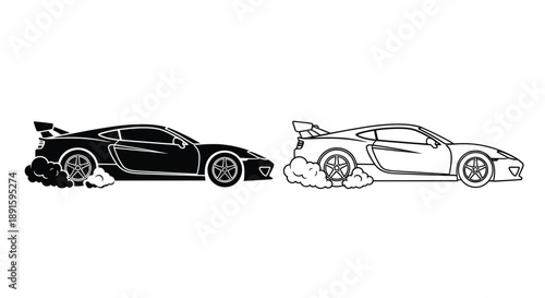 Two sports cars drifting one black and one white with tire smoke