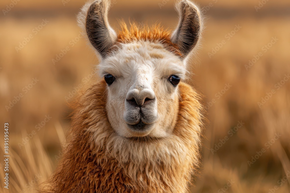 Fototapeta premium Portrait of a curious llama with soft fur under golden light