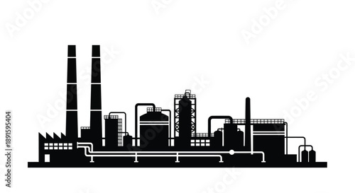 Black silhouette of an industrial factory complex with smokestacks