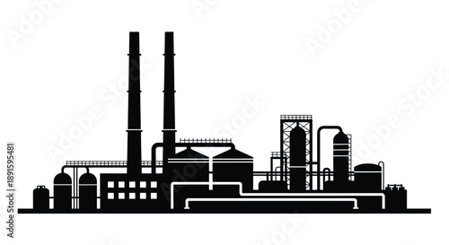 A stark black and white illustration depicts an industrial factory complex