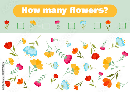 I spy game for kids. Flowers theme.Spring. Educational matherials. Count objects. How many planets. Educational mathematical game with flowers. Count the objects. Vector illustration.