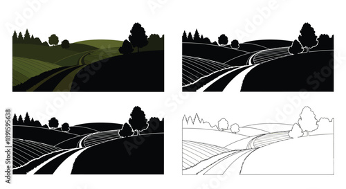 Four variations of a rolling hillside landscape with a winding path