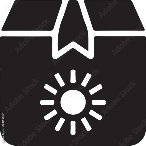 Open Delivery Box With Sun Icon, Black silhouette icon of an open cardboard box with sun symbol, representing daytime delivery, unpacking, freshness, or arrival of goods.


