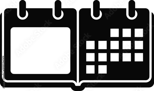 Open Calendar Planner Icon in Black Color, Monthly Schedule Notebook Time Management Silhouette Illustration Isolated on White Background