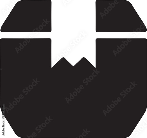 Broken cardboard box icon silhouette, Minimal black silhouette icon of a damaged cardboard box, symbolizing broken package, delivery issue, shipping problem, or unpacking concept on white background.
