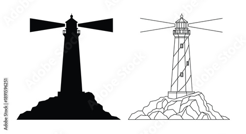Two lighthouse illustrations one solid black one outlined with details