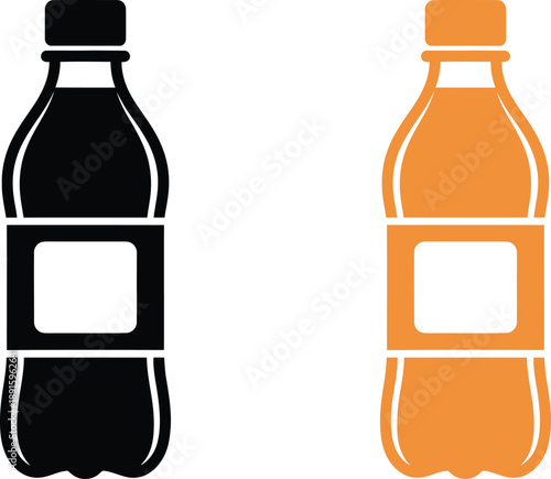 Plastic Soda Bottle Icon Set in Black and Orange Color, Soft Drink Beverage Packaging Silhouette Illustration Isolated on White Background