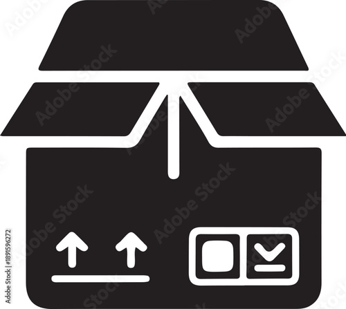 Open shipping box icon with label, Black open cardboard box icon with handling arrows and label, symbolizing shipping instructions, packaging, logistics workflow, and ecommerce fulfillment.

