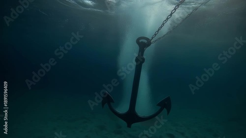 Large Iron Anchor Splashing into Deep Blue Ocean Water 