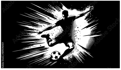 black-and-white silhouette of a soccer player mid-kick, surrounded by explosive radial lines. This dynamic sports image captures energy, motion, and athleticism suitable for marketing