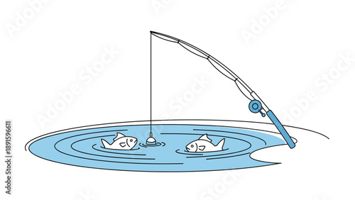 Simple illustration of a fishing rod and line with a float catching the attention of two small fish swimming in a rippling blue pond.