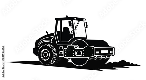 Black and white illustration of a road roller construction vehicle