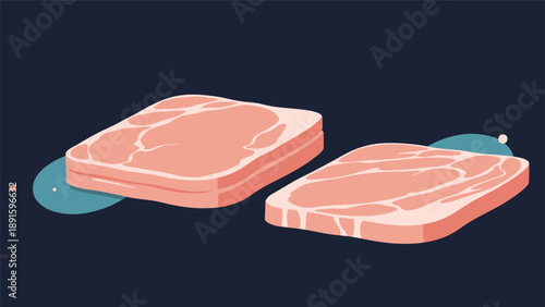 Two fresh slices of raw marbled pork meat ready for cooking or grilling, isolated on a dark blue background for presentation.