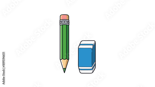 Essential school or office supplies featuring a sharp green wooden pencil with an eraser tip and a separate blue block eraser.