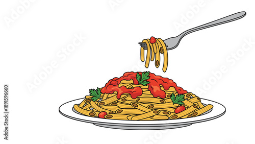 Plate of cooked penne pasta topped with rich tomato sauce and fresh herbs, with a fork lifting a few noodles for a delicious meal.