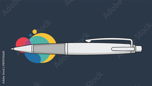 Sleek silver and grey ballpoint pen horizontally positioned over a background of colorful overlapping circles of red, blue, and yellow.