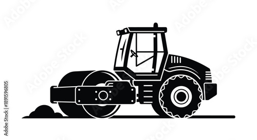 Black and white illustration of a road roller smoothing a surface