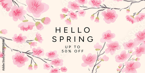Hello Spring Sale banner, Sakura Cherry Blossom branch, up to 50 percent off label, pink background, hand drawn watercolor style, flat Vector Illustration for web banner, card