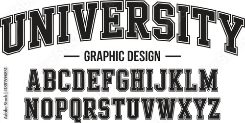 Bold black distressed university lettering and alphabet