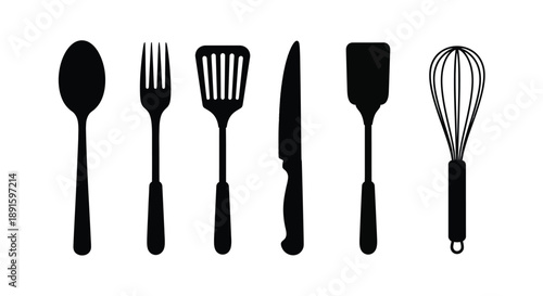 Black silhouette icons depicting various kitchen utensils arranged in a row
