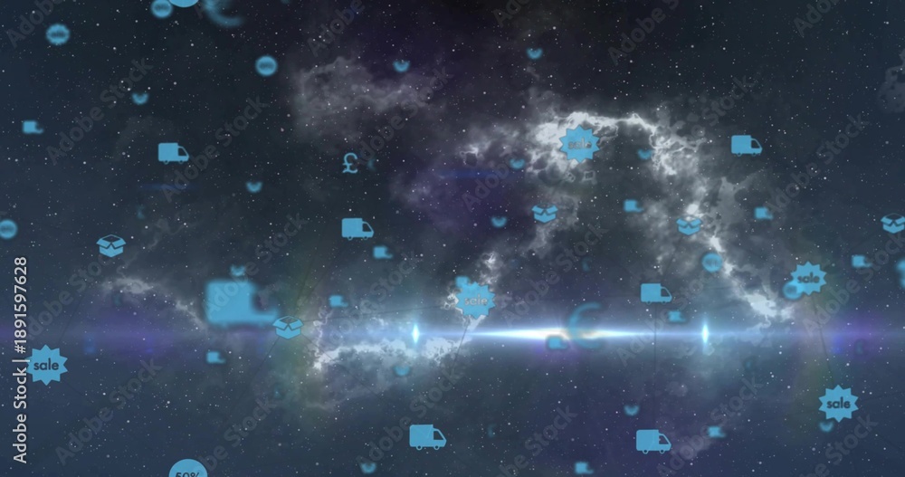 Fototapeta premium Glowing nebula and blue ecommerce icons drifting in space, with truck and pound symbols