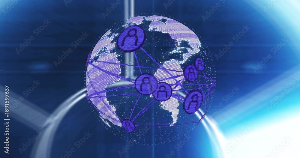 Obraz premium Displaying stylized floating globe rotating in digital studio, showing purple nodes and links