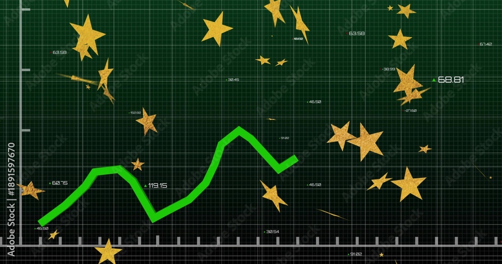 Fototapeta premium Displaying thick neon trend line rising dipping on dark green grid with gold stars and labels