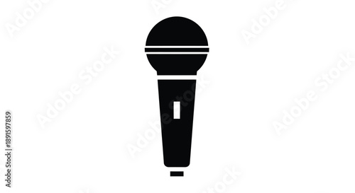 Simple black silhouette of a classic handheld microphone on a white background