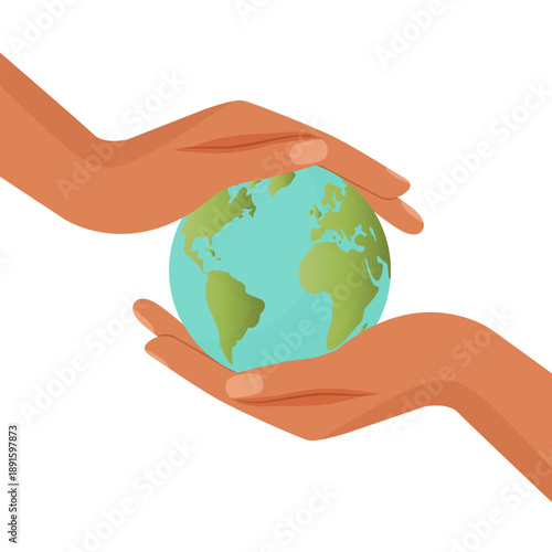Ecology protection and global unity symbol with earth in hands vector illustration.