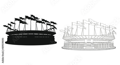 Stadium illustration showing a black silhouette and a line art rendering