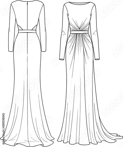 Fashion, illustration, gown, front, back, view, long, sleeves, ruched, waist, belt, bodice, zipper, train, sketch, elegant, silhouette, texture, garment, design, couture, drawing
